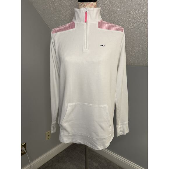 EUC Womens Vineyard Vines White Pink Seersucker Shep 1/4 Zip Shoulder Medium - Picture 3 of 8